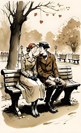 Romantic couple sitting on a bench in the park. Ink illustration. valentineの素材
