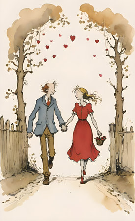 Illustration of a romantic couple walking in the park with hearts in their hands, valentineの素材