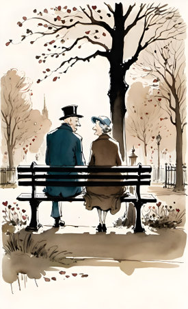 Lovely couple sitting on a bench in the park. valentineの素材