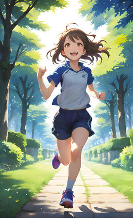 young woman jogging in the park on a sunny summer day.の素材