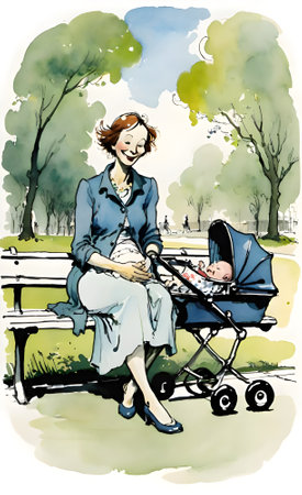 Illustration of a woman sitting on a bench with a baby carriageの素材