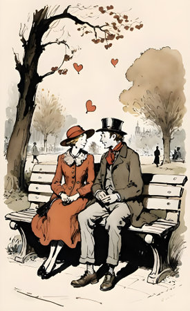 Romantic couple sitting on a bench in the park. Vector illustration.の素材