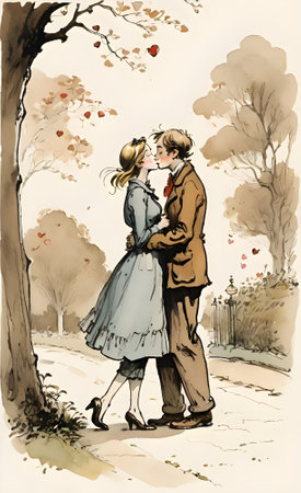 Couple in love in the autumn park. Watercolor illustration. valentineの素材