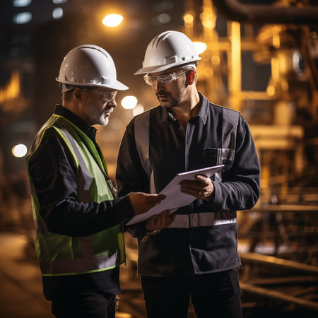 Engineer and foreman discussing on a construction site at night.の素材