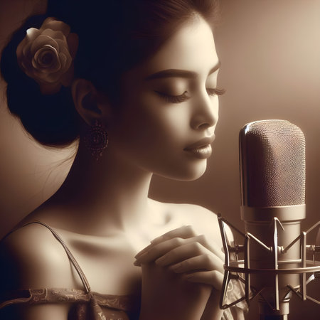 Beautiful young woman singing in a microphone. Retro style realistic sepia photo.の素材