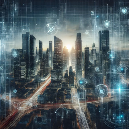 Abstract city background with connection lines. Technology concept. 3D Renderingの素材