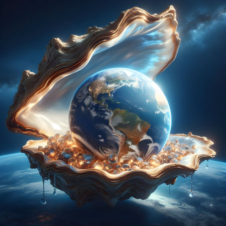 The planet earth in the space cosmic shell. Concept of the phrase 
 "The world is your oyster".の素材