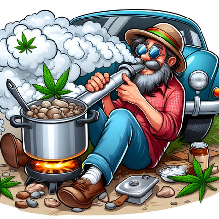 Vector illustration of a man in a hat with a marijuana leaf and a pot on the bonfireの素材