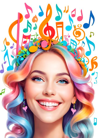 Portrait of beautiful young woman with colorful hair and musical notes.の素材