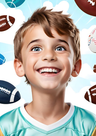 Portrait of a smiling little boy with american football balls and cloudsの素材
