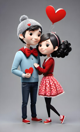 Cute little girl and boy holding a red heart on a gray background, Valentine Illustrationの素材
