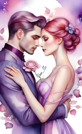 Portrait of a beautiful romantic couple in love with flowers. Illustration.の素材