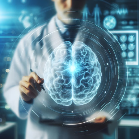 Close up of male doctor drawing human brain hologram on blurry background. Medicine and healthcare conceptの素材