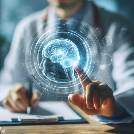 Brain hologram over doctor man's hands taking notes background. VR conceptの素材