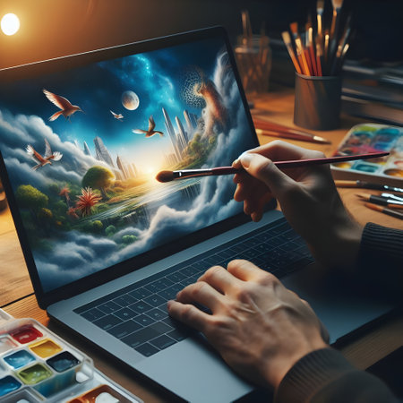 Artist painting picture on laptop screen with paintbrush. Creativity and inspiration concept. virtual reality work conceptの素材