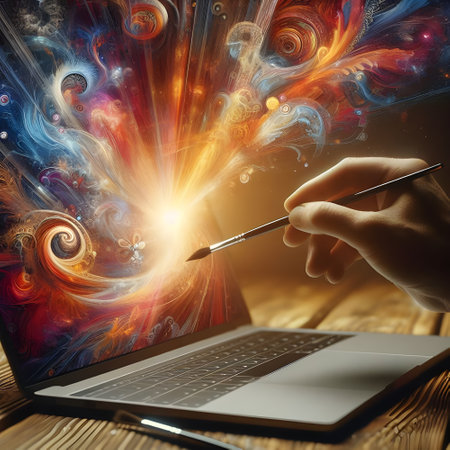 Conceptual image with hand holding paintbrush touching laptop on wooden table, virtual reality work conceptの素材