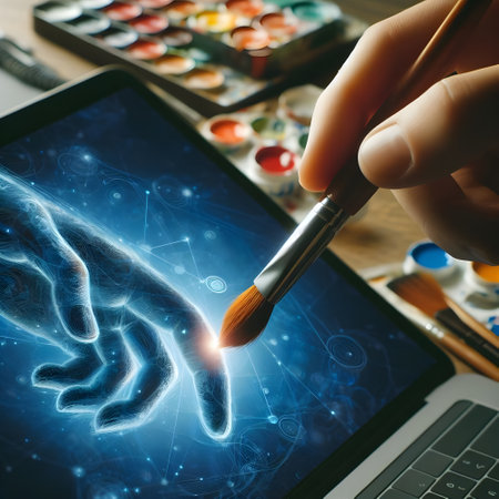 Close up image of human hand drawing with brush on tablet pc screen, virtual reality work conceptの素材