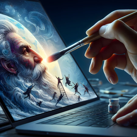 Surreal image of with paintbrush in hand on laptop screen, virtual reality work conceptの素材