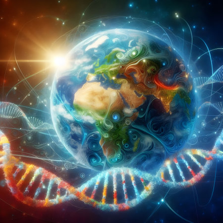 Abstract image of planet Earth with dna molecule and sun in spaceの素材