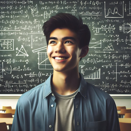 Portrait of a smiling young man in front of a blackboard with formulasの素材
