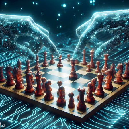 Conceptual image with digital matrix hands and chess pieces on dark backgroundの素材