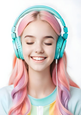 beautiful girl with pink hair listening to music in headphones on whiteの素材