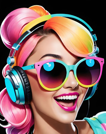 Beautiful young woman with colorful hair and headphones listening to music.の素材