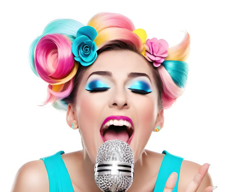 Closeup portrait of beautiful woman with colorful hair style singing with microphone. Isolated on white background.の素材