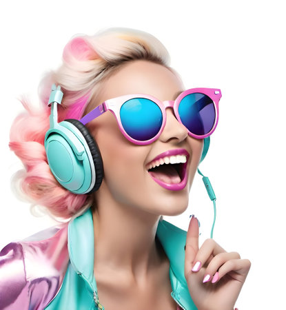 Portrait of a beautiful young woman with pink hair and headphones.の素材