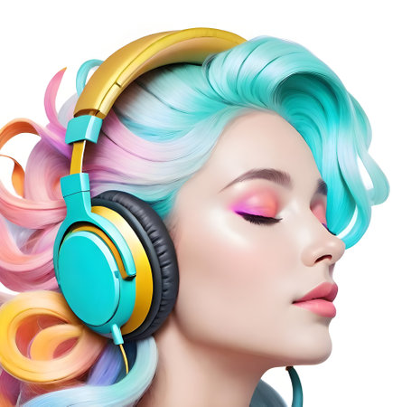 3d illustration of beautiful young woman with turquoise hair and headphonesの素材