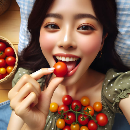 young beautiful asian woman eating fresh cherry tomatoes and looking at cameraの素材
