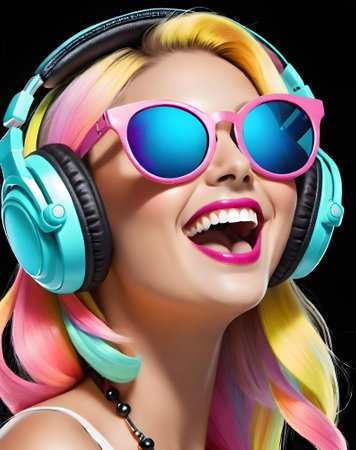 3d illustration of beautiful girl with headphones listening to music over black backgroundの素材