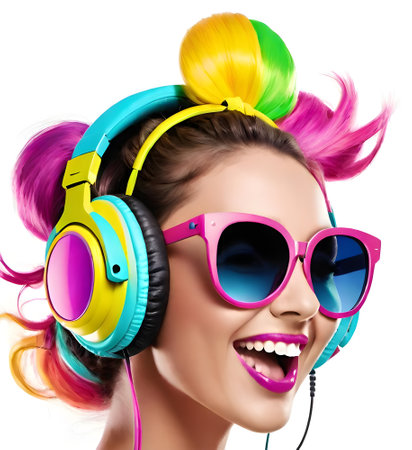 Beautiful girl with headphones listening to music. Isolated over white.の素材