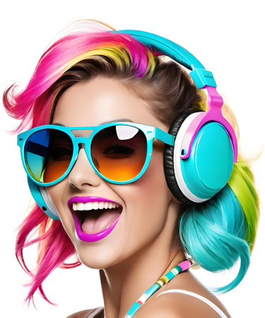 Beautiful girl with colorful hair and headphones listening to music on white backgroundの素材