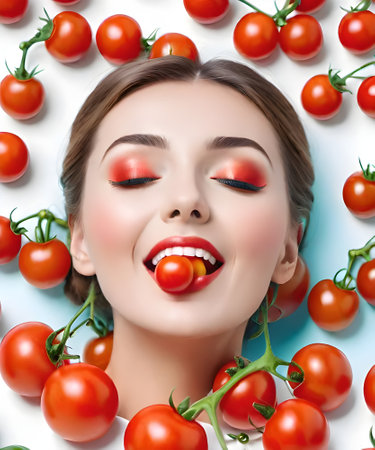 Beautiful young woman with cherry tomatoes on white background. Healthy eating concept.の素材