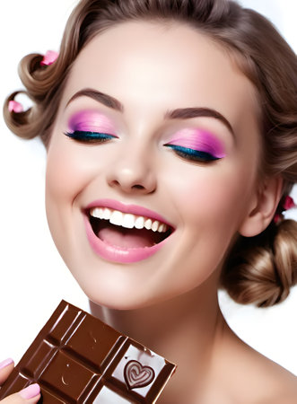 Close-up portrait of beautiful young woman with creative make-up and chocolate barの素材