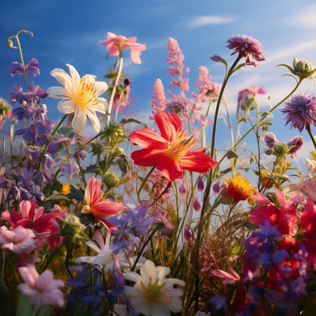 summer meadow with dahlias and wildflowers on blue sky backgroundの素材