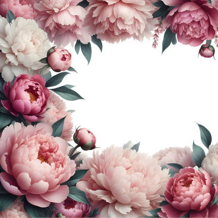 Peony flower frame on white background with space for text. Vector illustration.の素材