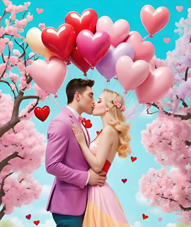 Young romantic couple in love kissing near blooming  cherry blossom tree with pink heart balloonsの素材