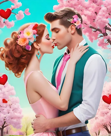 Beautiful young couple in love kissing in the spring  cherry blossom garden. Love concept.の素材