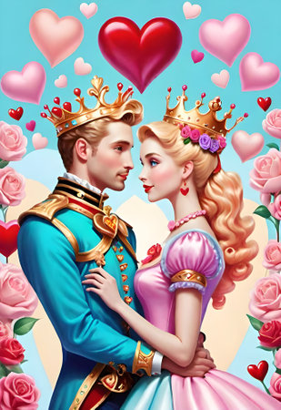 Princess and prince in love with hearts and roses. 3d renderingの素材