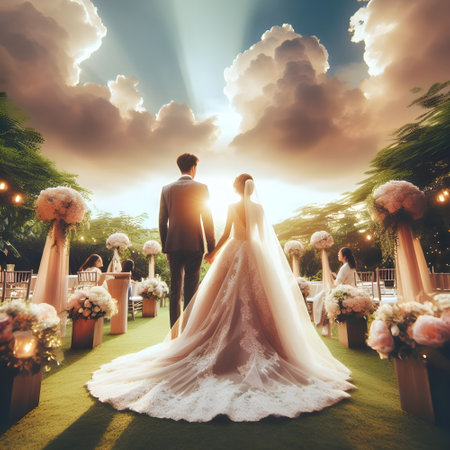 Back low angle view of happy wedding couple at garden wedding party, back view of couple, heavenly light from clouds, blessed reunion conceptの素材