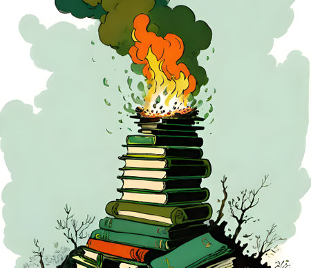 Conceptual illustration of a pile of books on a fire.の素材