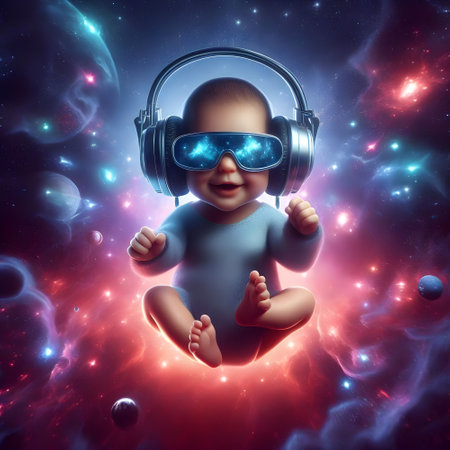 3d rendering of a baby with headphones and abstract space background.の素材