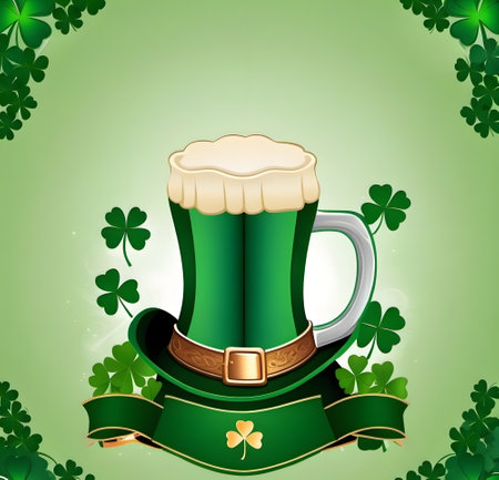 Saint Patrick's Day background with green beer and clover. Vector illustration.の素材