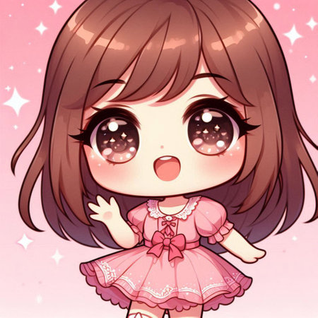 Cute cartoon girl in a pink dress with stars in the backgroundの写真素材