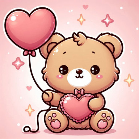 Cute teddy bear holding heart shape balloon. Vector illustration.の写真素材