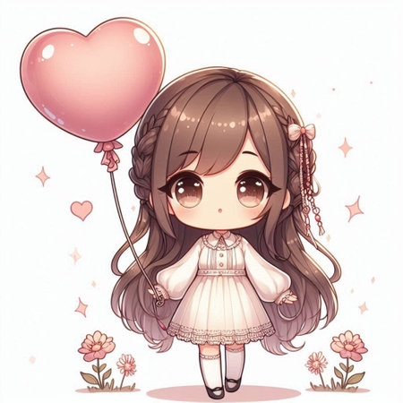 Cute little girl with heart shaped balloon and flowers. Vector illustration.