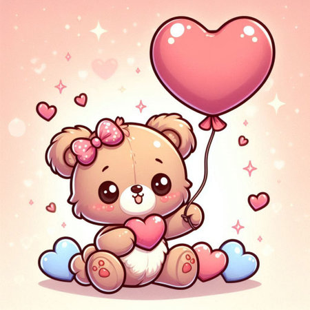 Cute teddy bear with heart shaped balloon. Vector illustration.の写真素材