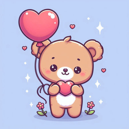 Cute teddy bear holding heart shaped balloon. Vector illustration.の写真素材
